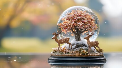 A miniature snowy scene depicting deer and a tree in a glass globe