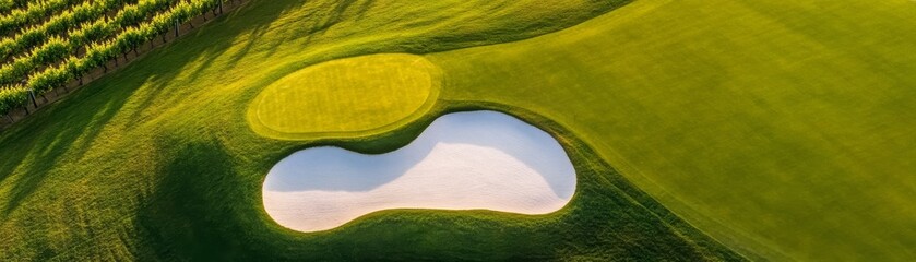 Aerial View of Golf Course Sand Trap, Green and Vineyard, golf, aerial