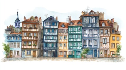 Fototapeta premium Charming watercolor painting of historic European buildings in a quaint town square filled with vibrant color and