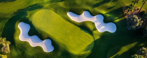 Aerial View of Green Golf Course and Sand Traps at Sunset, Sport, Recreation
