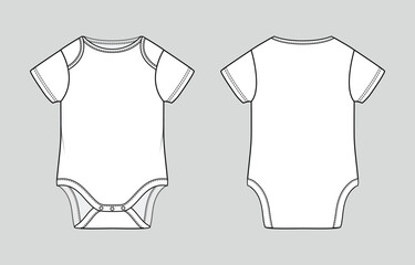 Short sleeve bodysuit. Basic newborn baby clothing. Vector technical sketch. Mockup template.