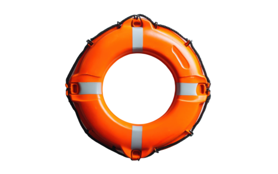 Large orange life preserver sits on a white background