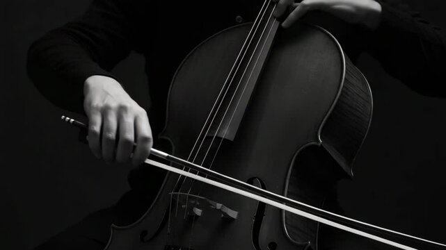 Musician playing cello with bow in monochrome setting  