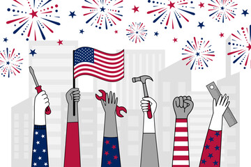 Patriotic illustration with fireworks, American flags, and tools in red, white, and blue honoring Labor Day.
