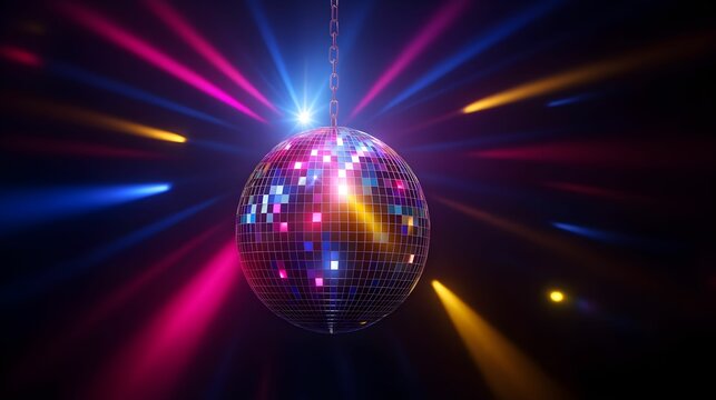 Shiny disco ball hanging from chain with multicolored light beams, creating a festive atmosphere