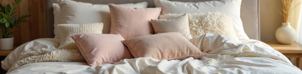 A fluffy assortment of cushions piled high on a bed, inviting and cozy, perfect for a restful sleep Soft textures and calming colors create a serene atmosphere , comfortable sleep, home textiles