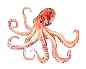 Watercolor ai-generared illustration of a Red Octopus. Isolated on a white background
