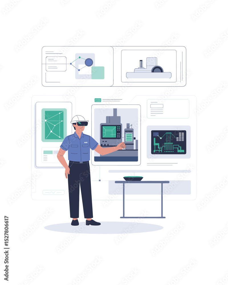 Poster industrial worker using virtual reality for machine operation