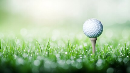 Dewy Golf Ball on Tee in Lush Green Grass, Sports , Outdoors