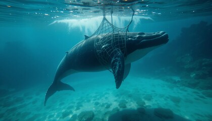 Fototapeta premium Humpback Whale Entangled in Fishing Net Underwater Ocean Wildlife Conservation