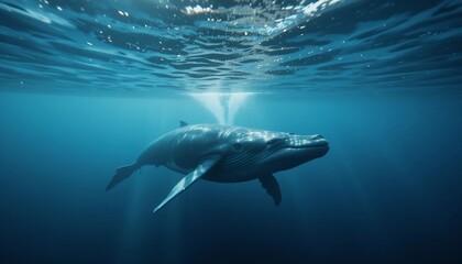 Naklejka premium Majestic Humpback Whale Underwater Ocean Wildlife Marine Mammal Deep Blue Sea
