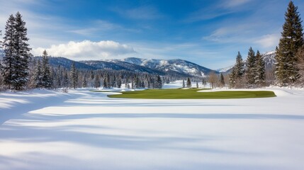 Emerald Green on Winter Snow A Pristine Golf Course View, winter sport ,landscape photography