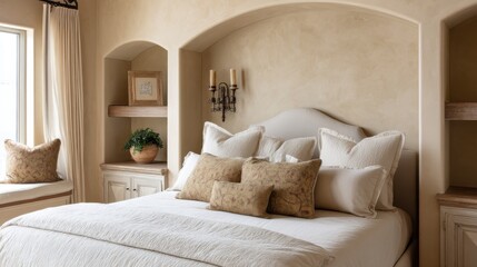rustic italian eclectic bedroom full view, sandy plaster wall, arched sculpted headboard niche, fig textile pillow detail, carved shelf inset, soft warm