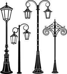 Collection of classic street lamp post designs black and white illustrations