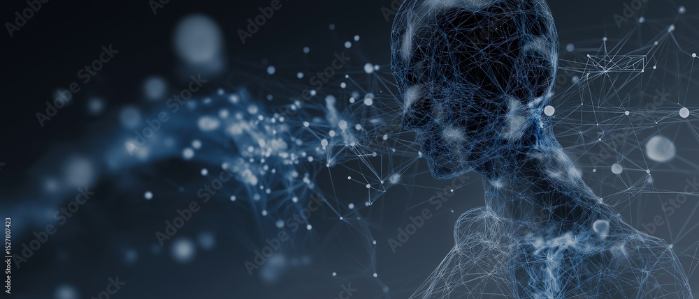 Poster neural-inspired ai-human interface with luminous spheres and connecting lines, deep blue cybernetic 