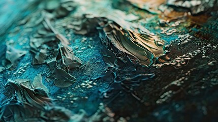 Abstract textured painting, vibrant teal and gold hues