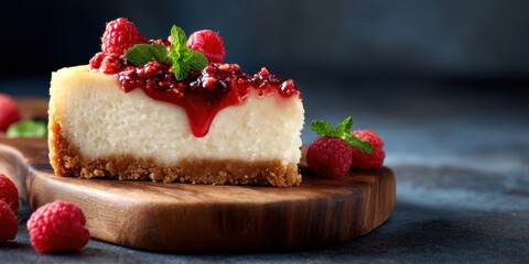 Slice of cheesecake with raspberry sauce on a wooden board