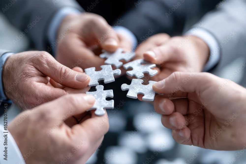 Poster hands together solving a puzzle in a collaborative office environment