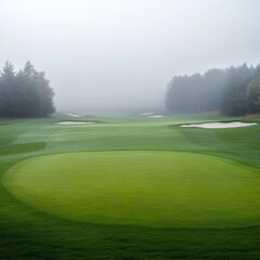 Foggy Golf Course Landscape with Sand Traps and Green, fairway , trees