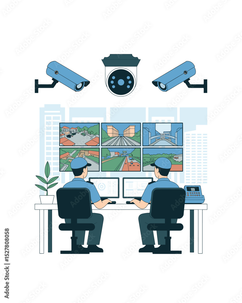 Poster security surveillance control room operators monitoring multiple cameras