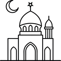 Mosque Glowing Under Crescent Moon at Night vector line art illustration
