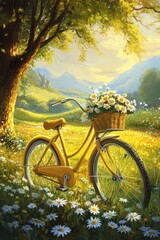 Fototapeta premium Yellow bicycle with daisy basket in sunny meadow