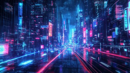 Fototapeta premium Futuristic city street at night, vibrant neon lights