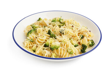 Delicious fusilli pasta with broccoli and cheese in bowl on white background