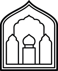 Ornamental Mosque Inside Islamic Window Frame vector line art illustration