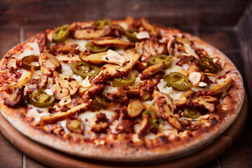 Gyros Pizza with jalapeno pepper and mozzarella cheese. Soft focus. Close up.	