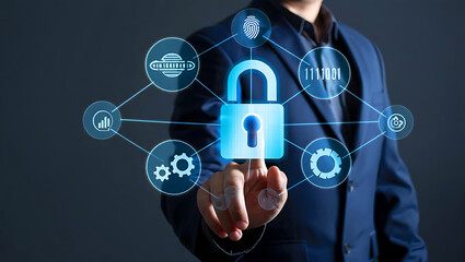 Businessman using technology for data security and protection for online safety of information.