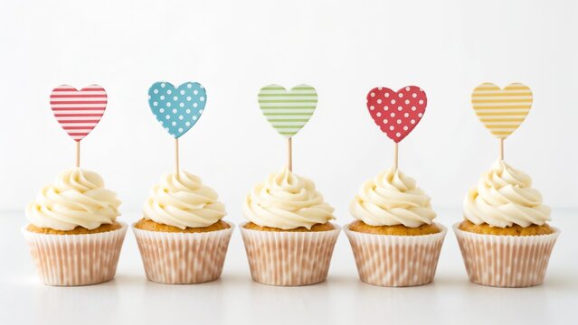 Five cupcakes with colorful heart toppers on a white backdrop  