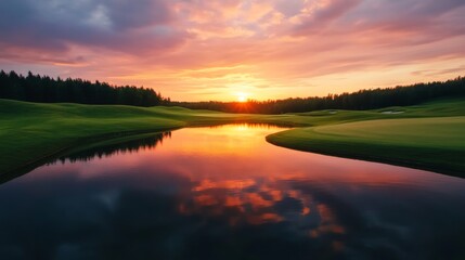 Golf Course Sunset Pond Reflection, Golden Hour, Scenery, Golf , Nature