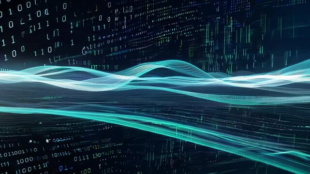 Abstract futuristic digital wave with binary code background in blue and green tones for technology and data concepts 4k video footage