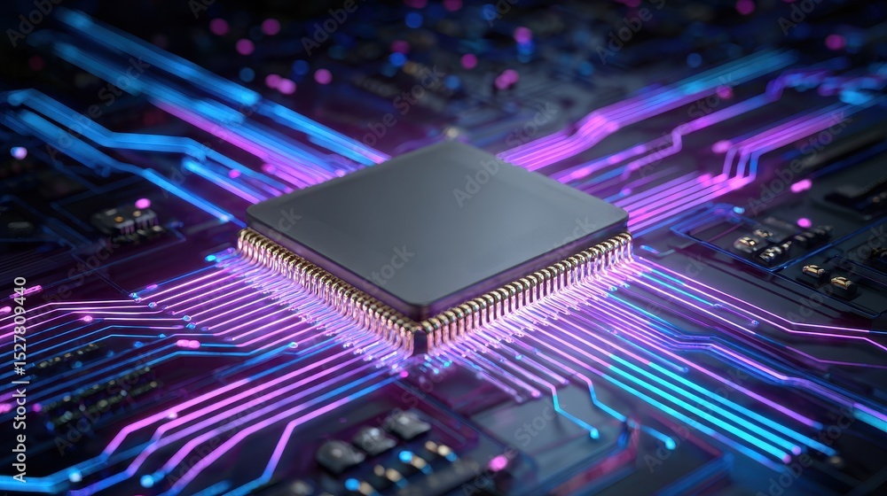 Poster powerful microprocessor chip on circuit board with glowing neon connections high tech technology ima
