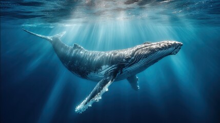 Fototapeta premium Majestic Humpback Whale Gracefully Swimming Underwater in Sunlight