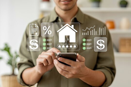 Person using smartphone for online home purchase and mortgage