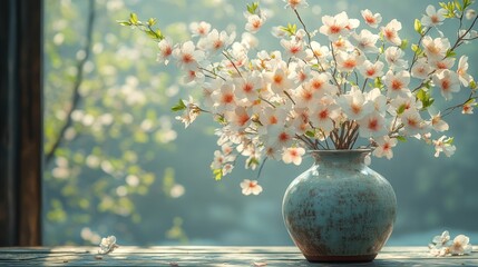 Elegant countryside-inspired still life of blossoms in an antique ceramic vase, set against a soft green-blue background