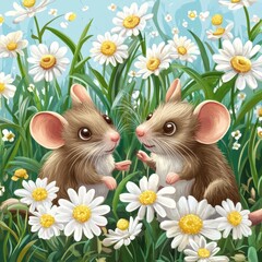Mouse set. Two watercolor mice. Two mice are taken away sitting under daisies