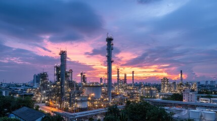 Naklejka premium Majestic Industrial Refinery at Sunset Panoramic View of Oil and Gas Processing Plant
