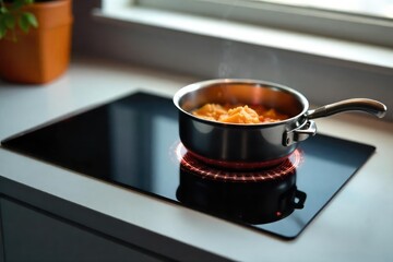 A modern electric induction cooktop with sleek black surface, glowing heating element, and a stainless steel pot simmering on it , heat, kitchen appliance