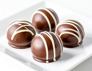 Chocolate truffles with white drizzle on a white plate. AI