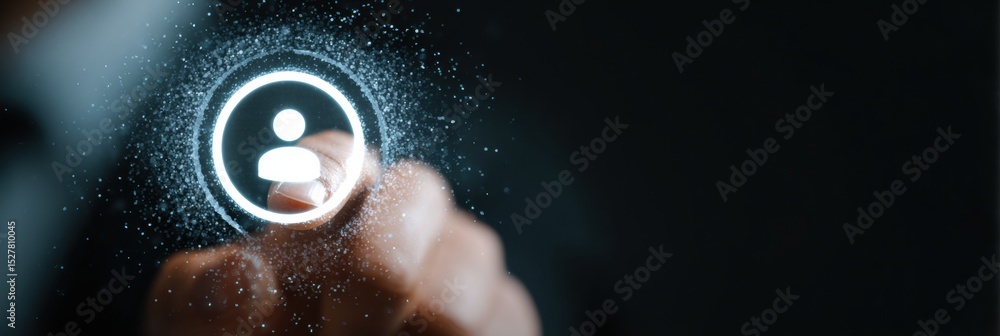 Poster digital security concept with hands holding a lock and profile icon in a technology-focused environm