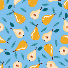 Seamless pattern with yellow pears, sliced pears and green leaves on blue background. Pear design for textiles, wallpapers, packaging. Flat style pears pattern, playful pears background.