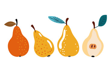Colorful Hand-Drawn Pears. Set of four vector pears. Modern flat design illustration is perfect for food-themed prints, kitchen decor, children’s books, or fruit packaging.