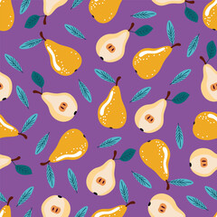 Seamless pattern with yellow pears, sliced pears and green leaves on purple background. Pears design for textiles, wallpapers, packaging. Flat style pears pattern, playful pears background.