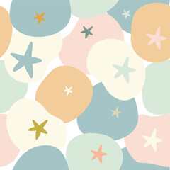 Seamless vector pattern with abstract round shapes and simple stars in pastel colors, suitable for children's design