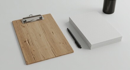 Fototapeta premium Wooden Clipboard, Blank Paper Stack, and Pen Mockup for Branding and Stationery Design