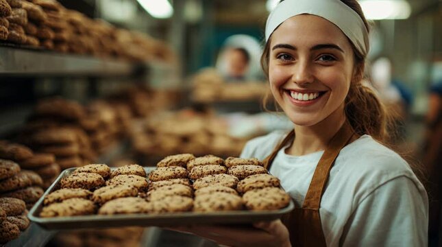 A food factory worker holds a tray of fresh cookies and smiles at the camera