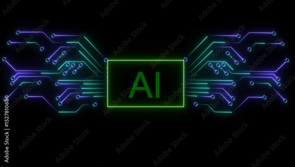 Poster futuristic ai microchip on illuminated circuit board with glowing red, orange pathways in digital en